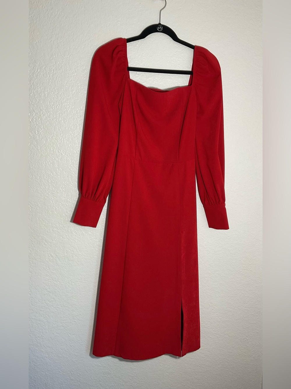 Lichi Red Midi Dress Puff Sleeve Square Neck Slit Size S